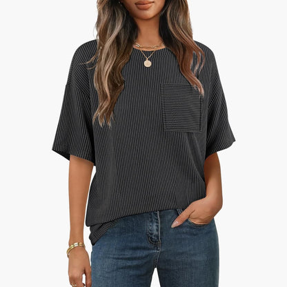 Women's Striped Short Sleeve T-Shirt Cotton Crew Neck Pocket