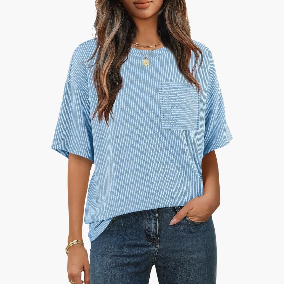 Women's Striped Short Sleeve T-Shirt Cotton Crew Neck Pocket