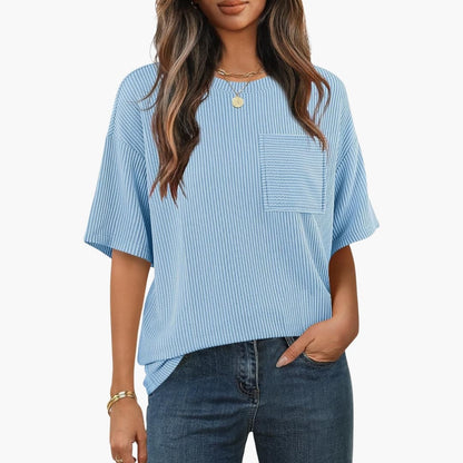 Women's Striped Short Sleeve T-Shirt Cotton Crew Neck Pocket