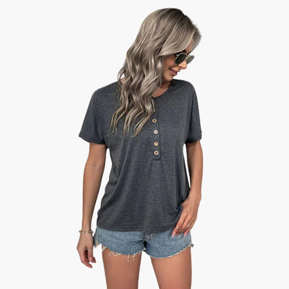 Women's Short Sleeve T-Shirt Crew Neck Wooden Buttons - Vonnera