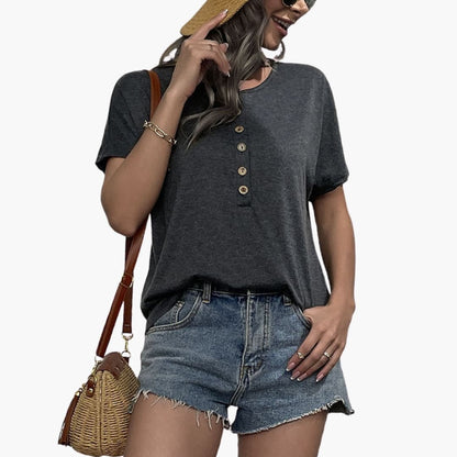 Women's Short Sleeve Crew Neck T-Shirt Wooden Buttons - Vonnera
