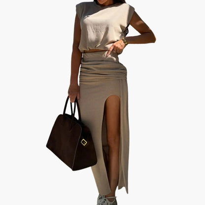 Women's Crop Maxi Skirt Set High Waist Side Slit - Vonnera