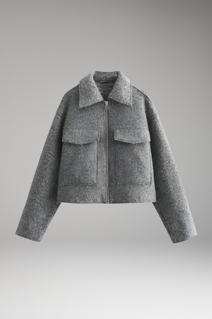 Women's Cropped Bomber Jacket Lapel Collar Side Pockets - Vonnera