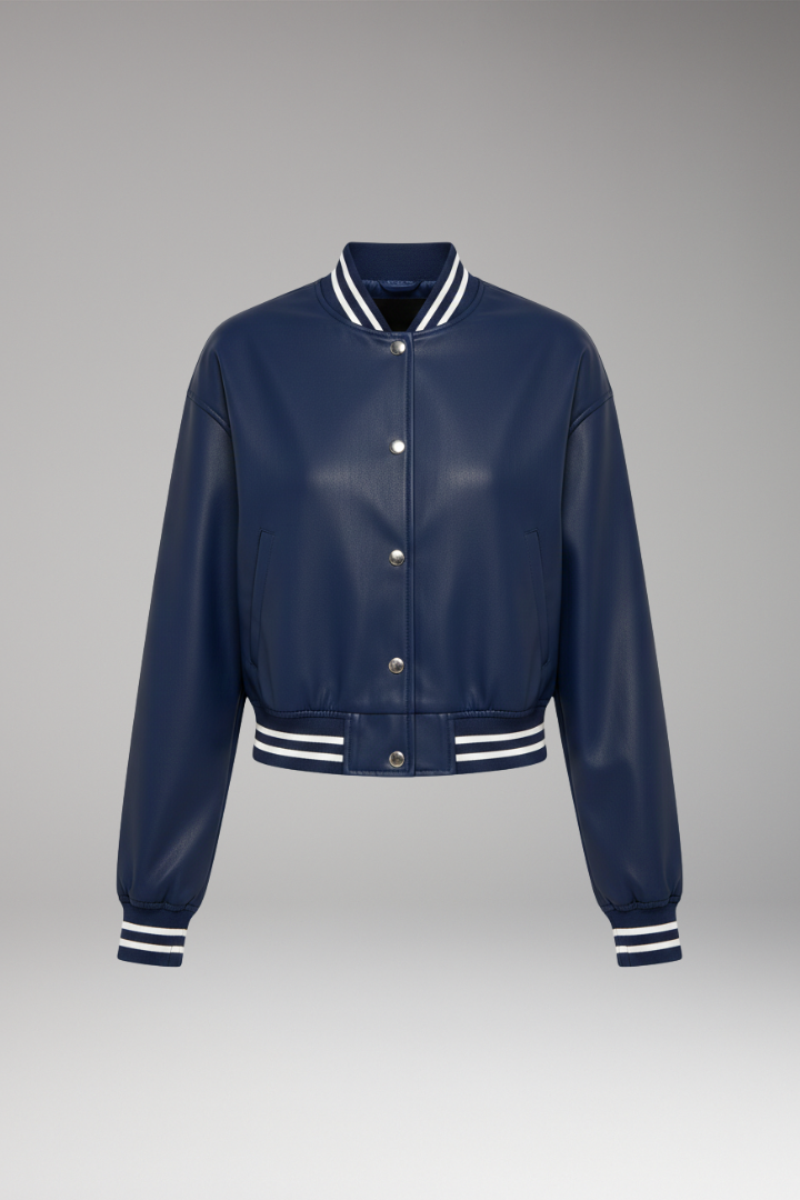 Women's Cropped Bomber Jacket Snap Button Ribbed Cuffs - Vonnera