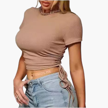 Women's Ruched Short Sleeve Cropped T-Shirt Adjustable Ties