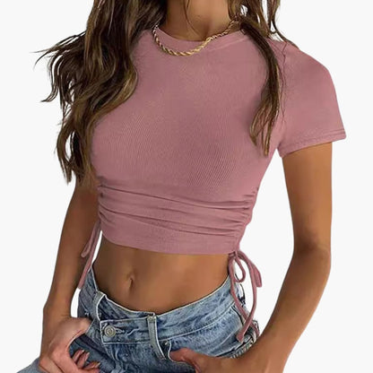 Women's Ruched Short Sleeve Cropped T-Shirt Adjustable Ties