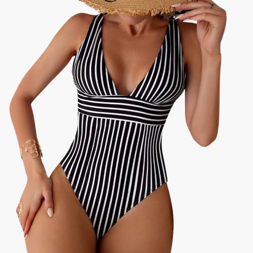 Women's Striped One-Piece Swimsuit Deep V-Neck High Leg - Vonnera