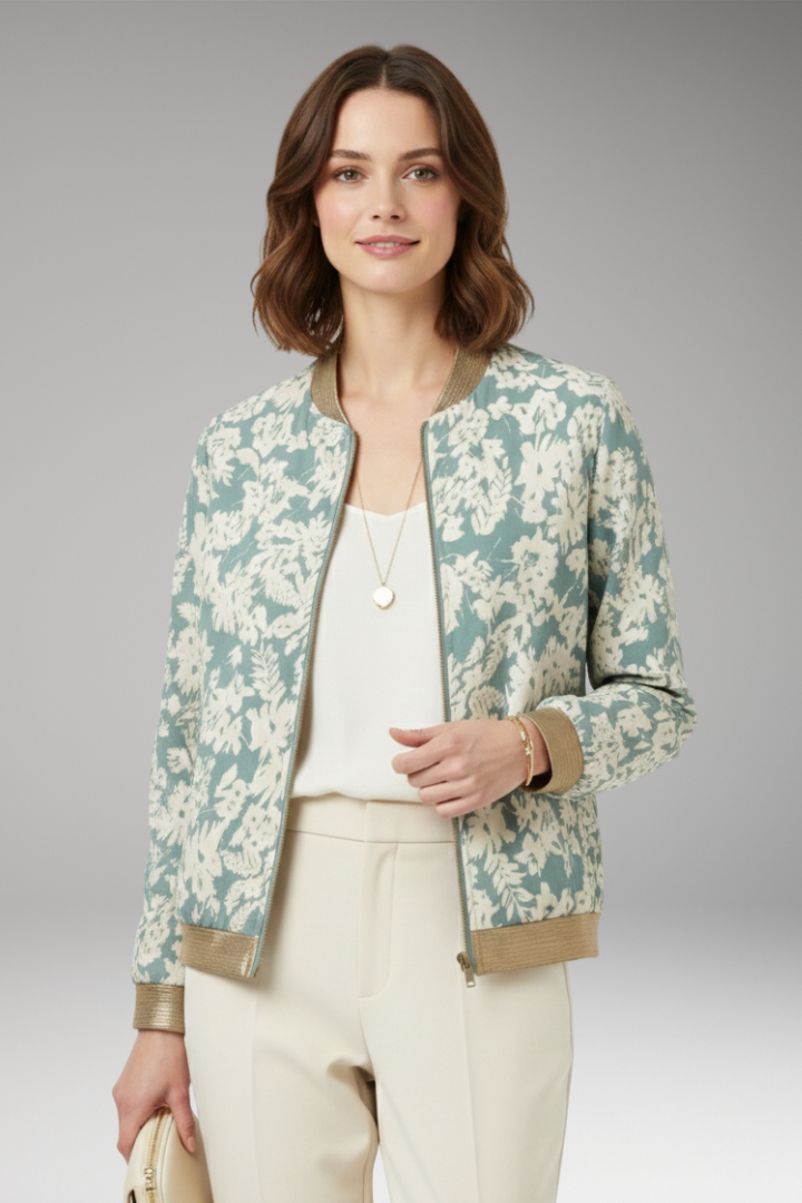 Women's Floral Bomber Jacket Zipper Elastic