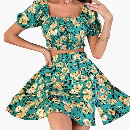 Women's Floral Two-Piece Midi Skirt Set Cotton Summer Outfit - Vonnera