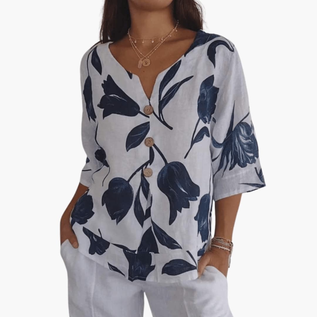 Women's Short Sleeve V-Neck Woven Blouse Floral - Vonnera