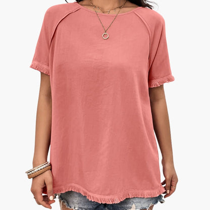 Women's Crew Neck Short Sleeve T-Shirt Fringe Sleeves