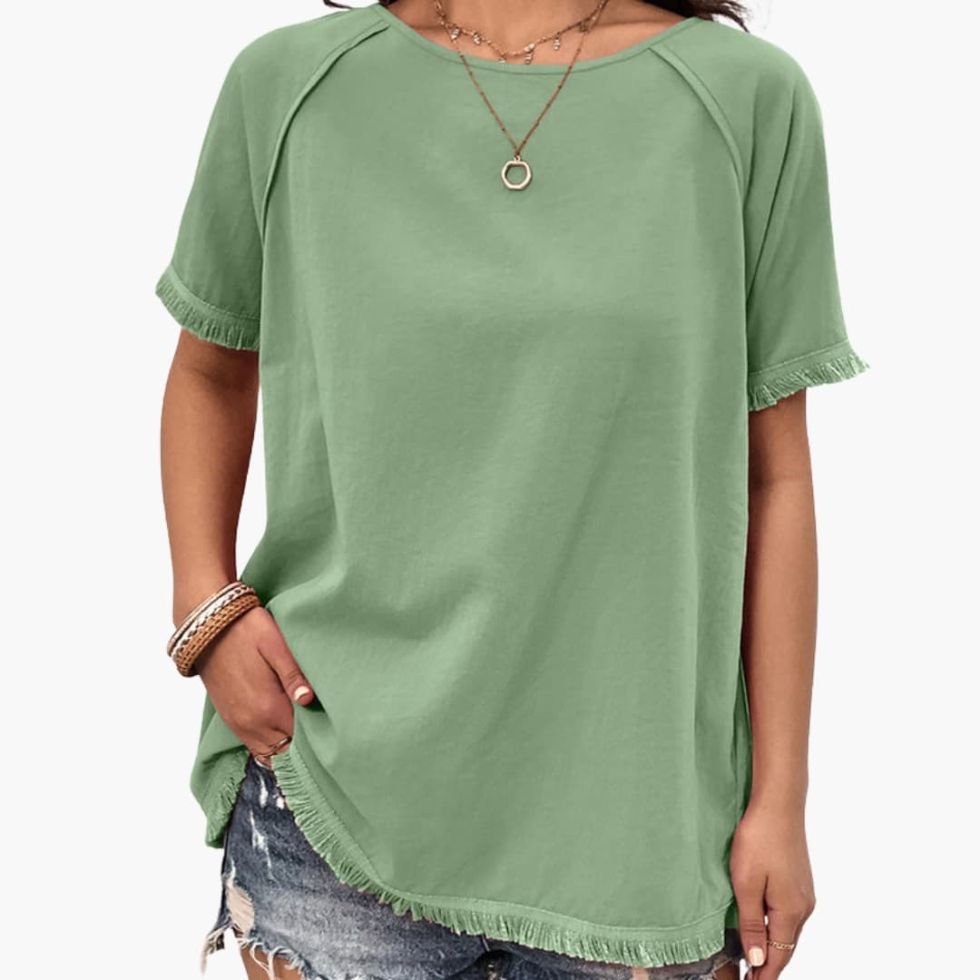 Women's Crew Neck Short Sleeve T-Shirt Fringe Sleeves - Vonnera
