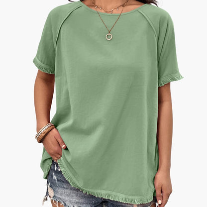 Women's Crew Neck Short Sleeve T-Shirt Fringe Sleeves - Vonnera