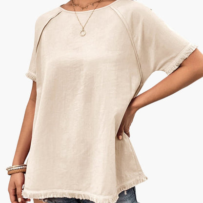 Women's Crew Neck Short Sleeve T-Shirt Fringe Sleeves