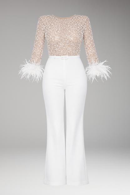 Women's Sequined Jumpsuit Feather Cuffs - Vonnera