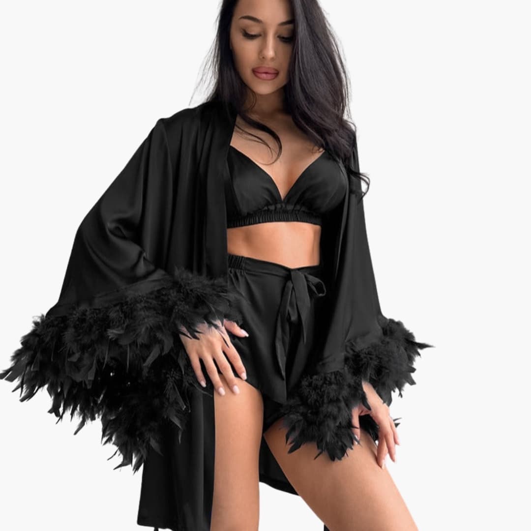 Women's Open Front Kimono Feather Trim - Vonnera