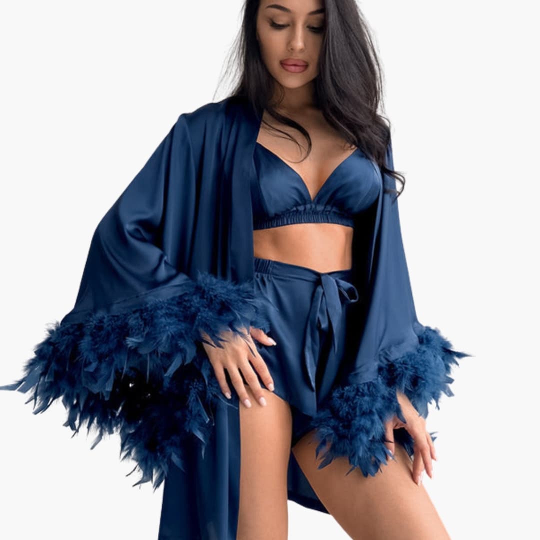 Women's Open Front Kimono Feather Trim