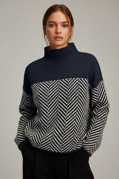 Women's Knit Sweater Stand Collar Two-Tone