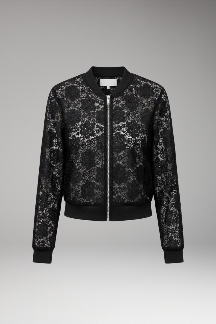Women's Lace Bomber Jacket Zip Elastic Cuffs - Vonnera