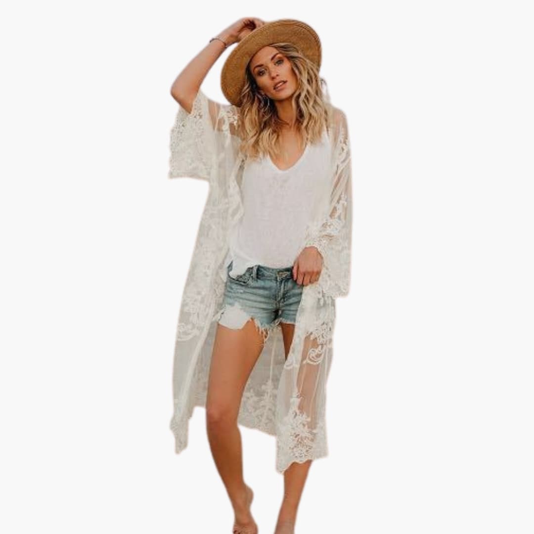 Women Lace Blouse Open Front Short Sleeves - Vonnera