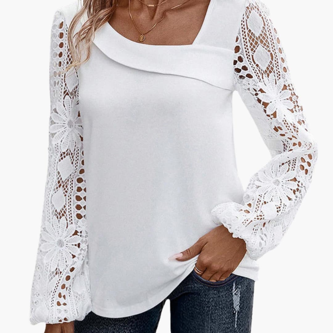 Women's Lace Crew Neck Blouse Long Sleeve Woven White - Vonnera