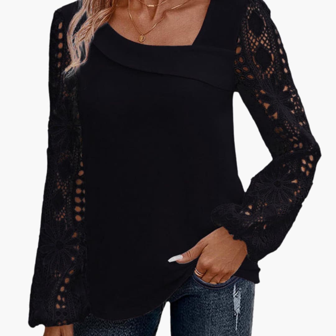 Women's Lace Crew Neck Blouse Long Sleeve Woven White