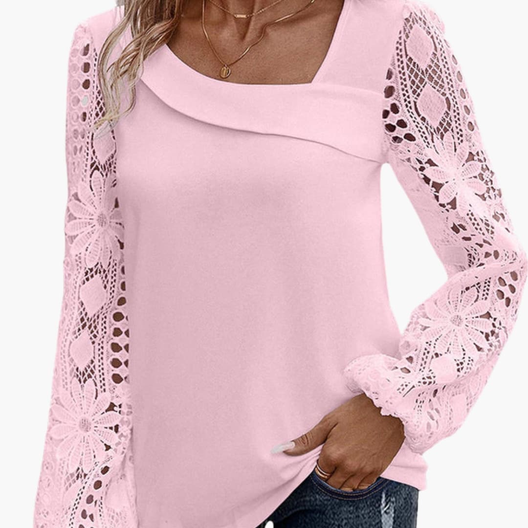 Women's Lace Crew Neck Blouse Long Sleeve Woven White
