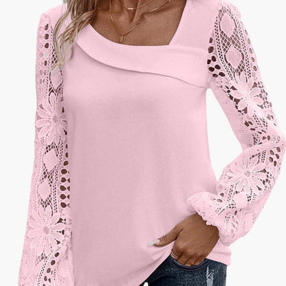 Women's Lace Crew Neck Blouse Long Sleeve Woven White