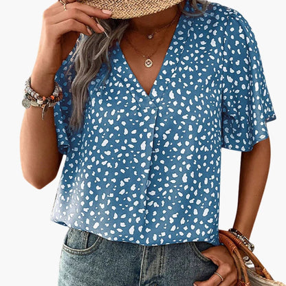 Women's V-Neck Leopard Print Tee Elbow Sleeves