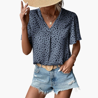 Women's V-Neck Leopard Print Tee Elbow Sleeves