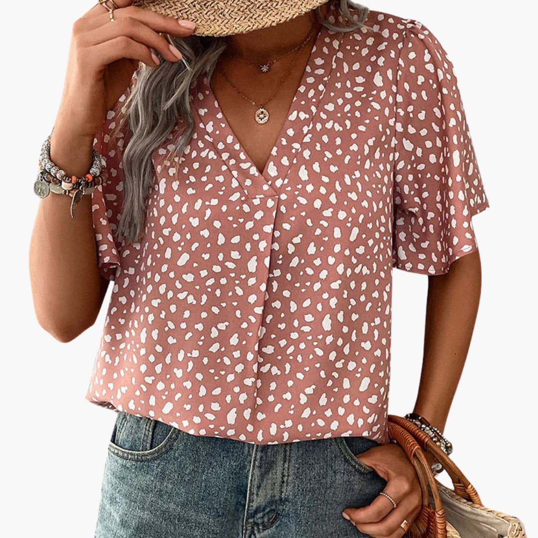 Women's V-Neck Leopard Print Tee Elbow Sleeves