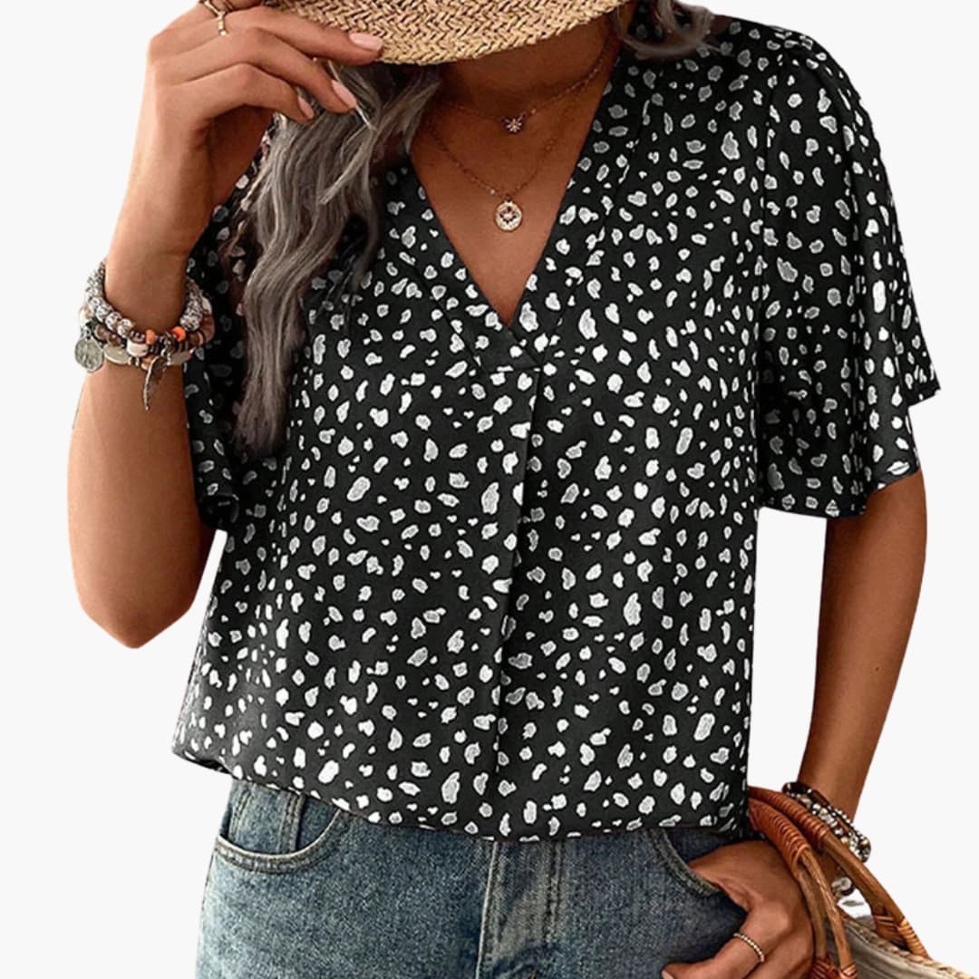 Women's V-Neck Leopard Print Tee Elbow Sleeves
