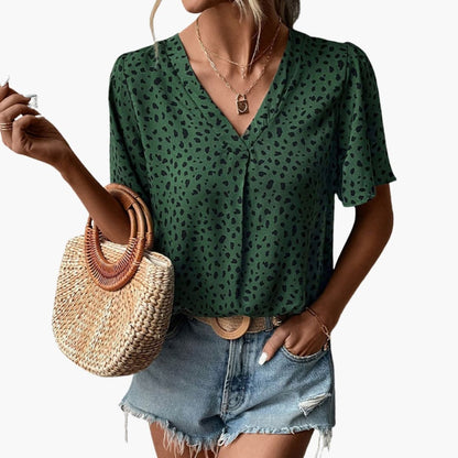Women's V-Neck Leopard Print Tee Elbow Sleeves
