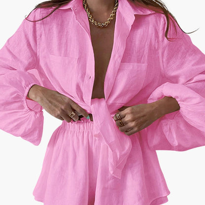 Women's Linen Two-Piece Crop Shorts Set