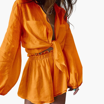 Women's Linen Two-Piece Crop Shorts Set