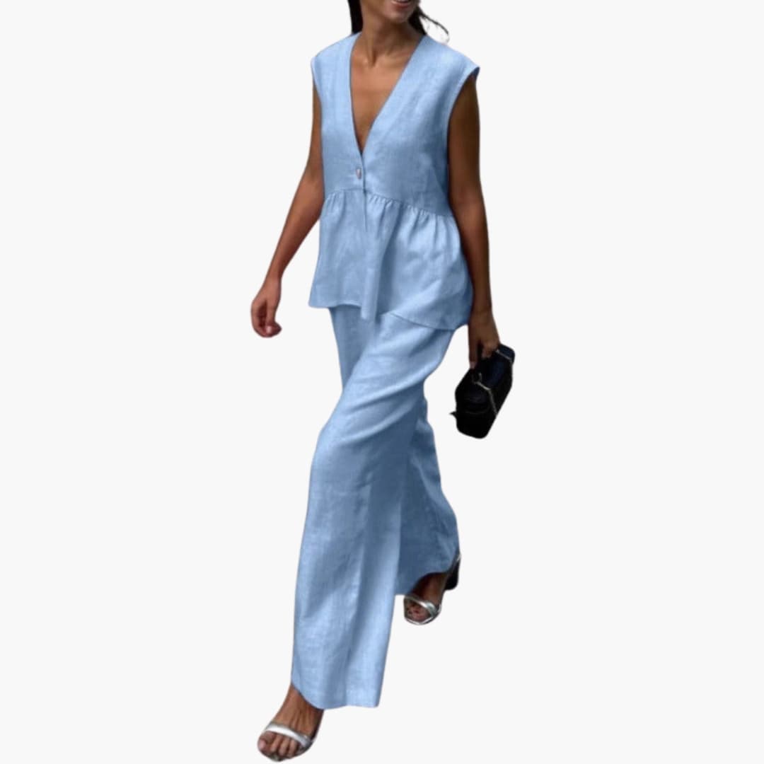 Women's Linen Two-Piece Deep V-Neck And Wide Leg Pants Set - Vonnera