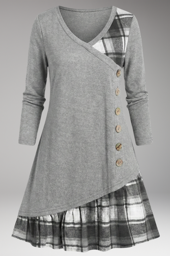 Women's Plaid A-Line Dress Long Sleeve High Collar - Vonnera