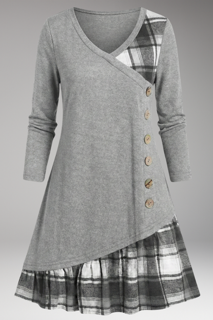 Women's Plaid A-Line Dress Long Sleeve High Collar - Vonnera