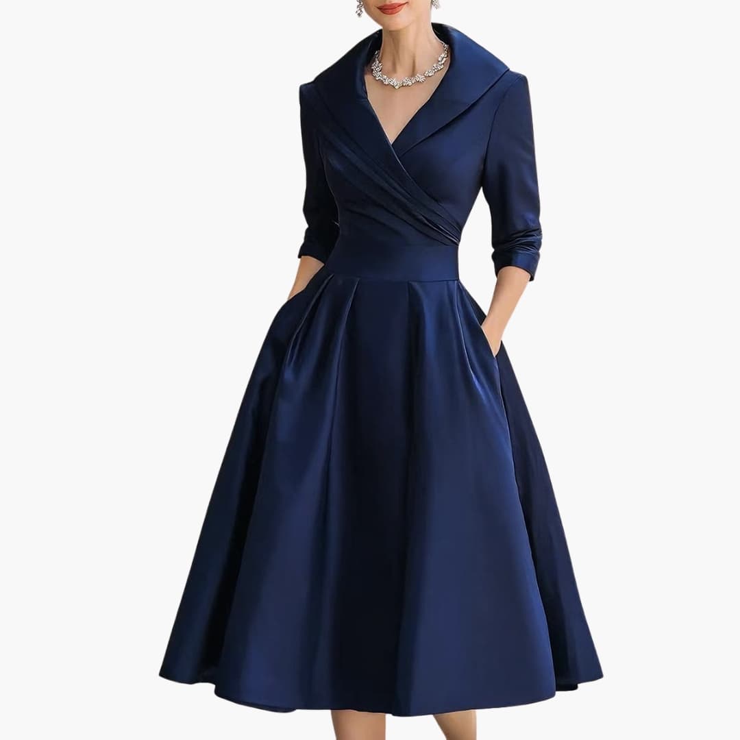 Women's Long Sleeve Midi Dress Fitted Waist Mid Calf - Vonnera