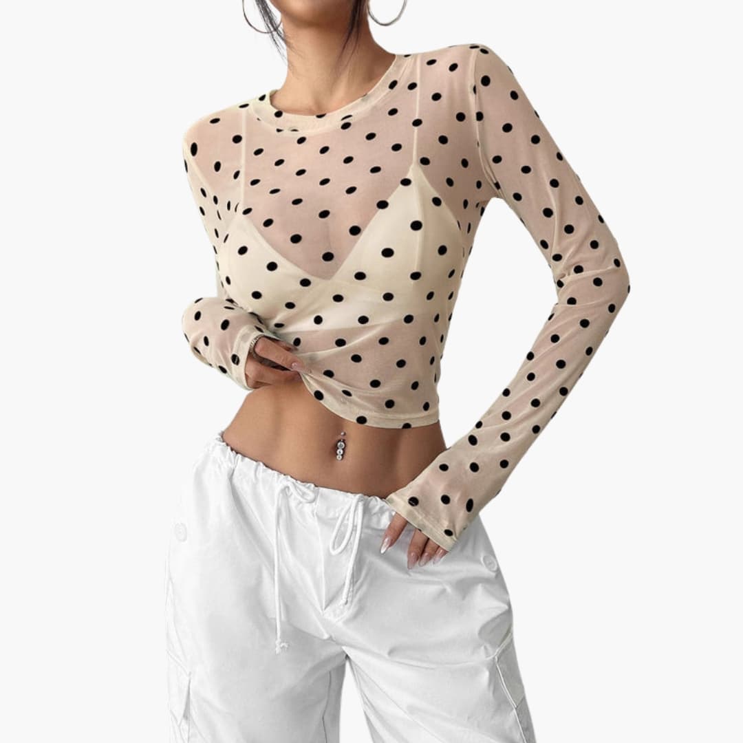 Women's Polka Dot Long Sleeve Blouse Round Neck - Vonnera