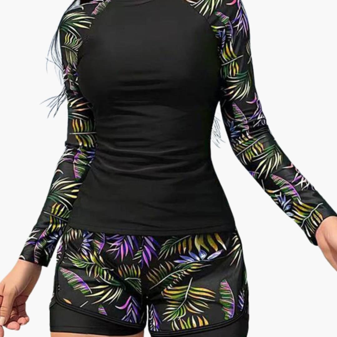 Women's Printed Tankini Swimsuit Long Sleeve Layered Bottom