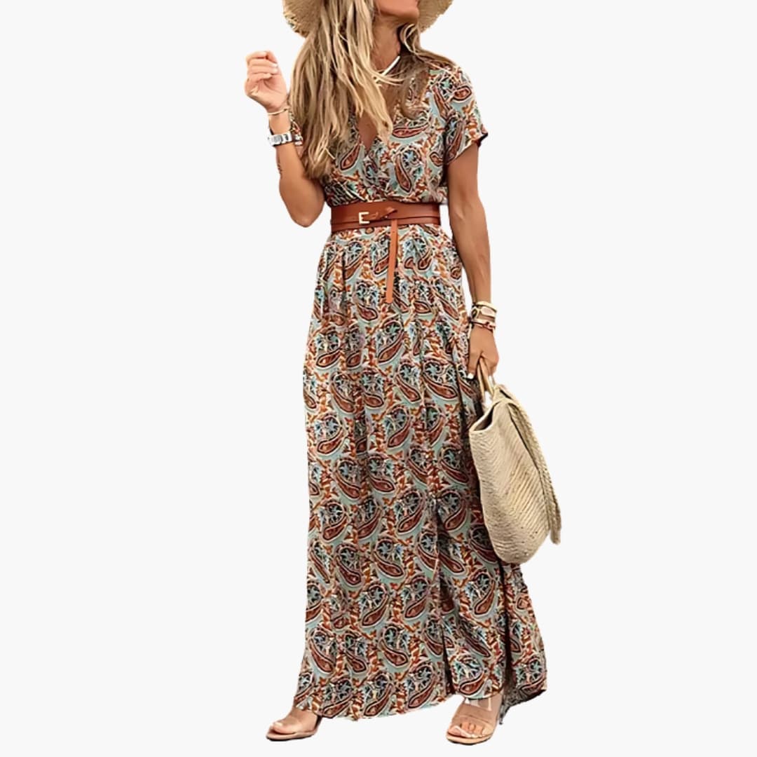 Women's Short Sleeve Maxi Dress Gathered Waist