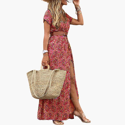 Women's Short Sleeve Maxi Dress Gathered Waist