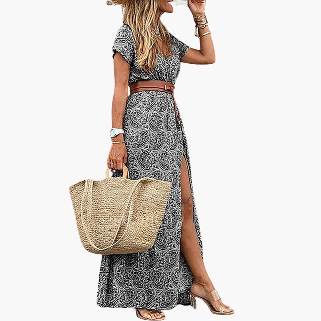 Women's Short Sleeve Maxi Dress Gathered Waist