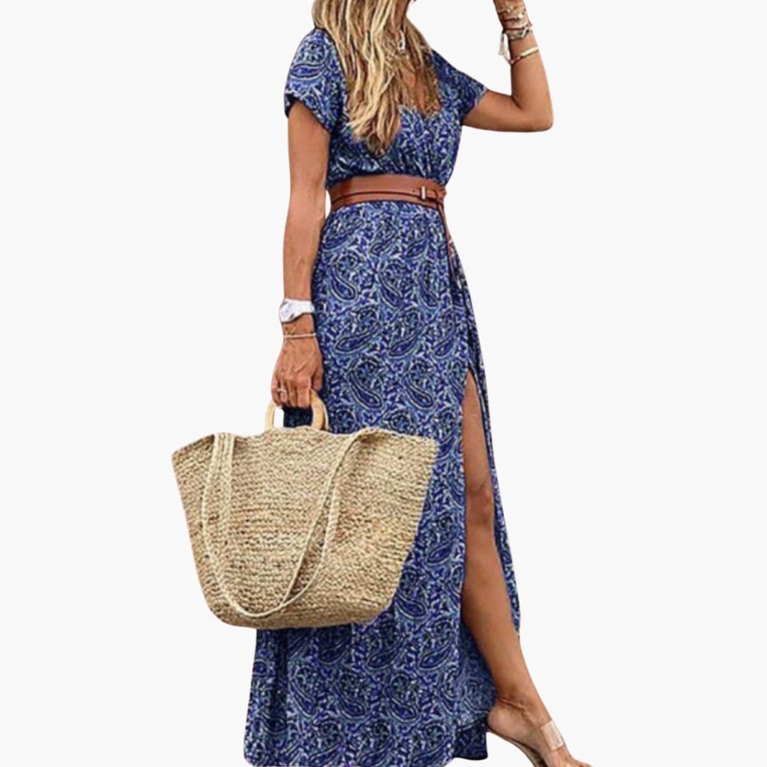 Women's Short Sleeve Maxi Dress Gathered Waist