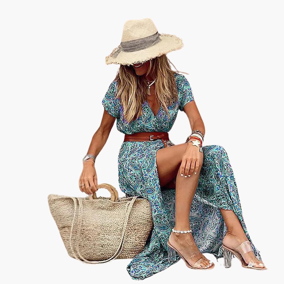 Women's Short Sleeve Maxi Dress Gathered Waist
