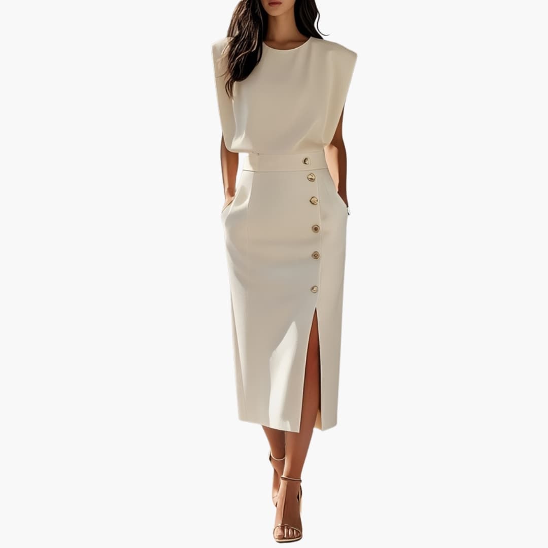Women's Short Sleeve Midi Dress Round Neck Button Slit - Vonnera