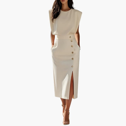 Women's Short Sleeve Midi Dress Round Neck Button Slit - Vonnera