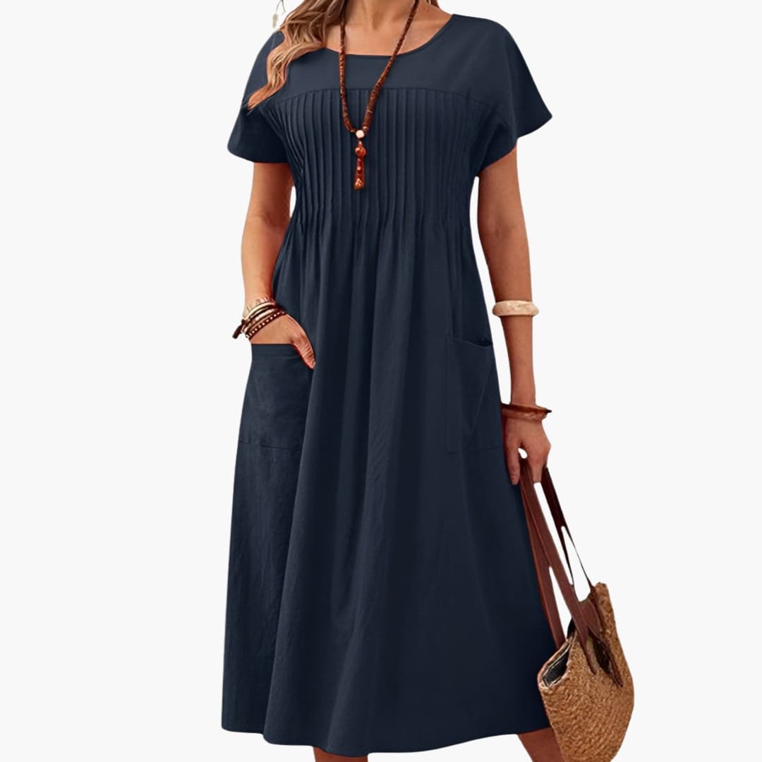 Women's Short Sleeve Midi Dress Loose Fit With Pockets - Vonnera