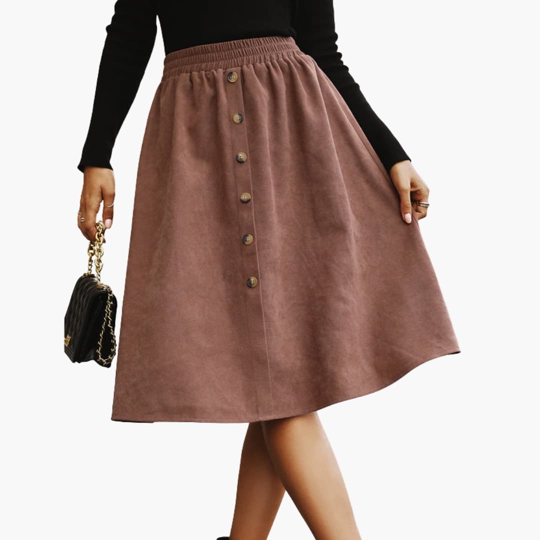 Women's Elastic Waist Midi Skirt Button Front Detail - Vonnera